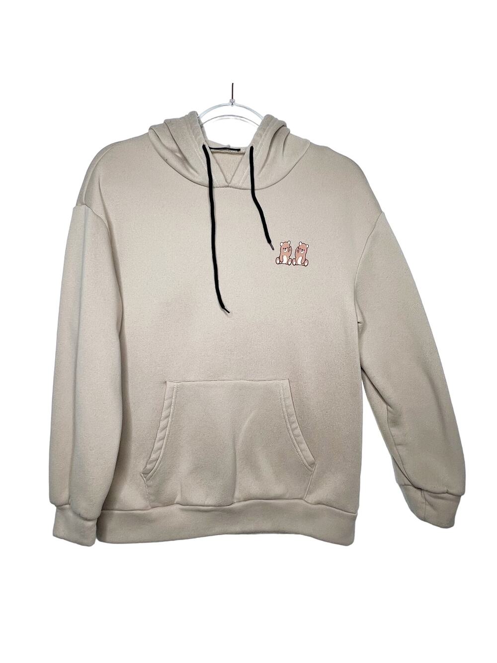 SHEIN Womens Bear Print Kangaroo Pocket Drawstring Hoodie Pullover Beige Size S